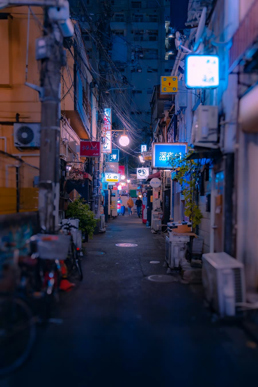 A narrow Japanese alley lit by hanging signs and shop lights